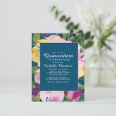 Lila Blütengelbe Flora Navy Blauer Quinceañera Einladung (Stehend Vorderseite)