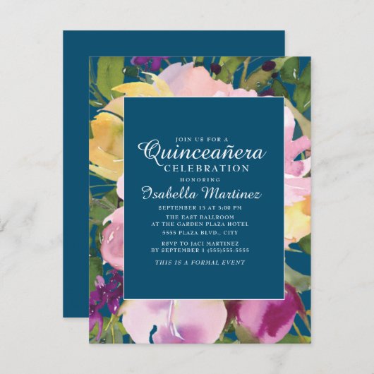 Lila Blütengelbe Flora Navy Blauer Quinceañera Einladung (Vorne/Hinten)