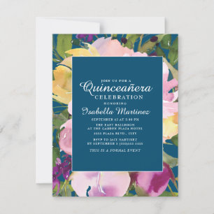 Lila Blütengelbe Flora Navy Blauer Quinceañera Einladung