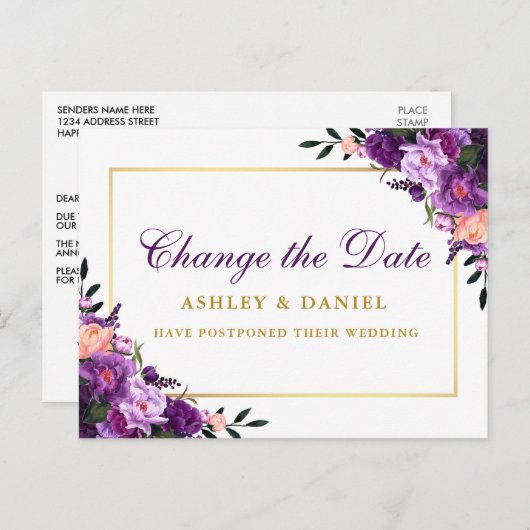 Lila Blütengold in Aquarellfarben ändert das Datum Postkarte (Vorne/Hinten)