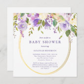 Lila Blütengoldakzent mit neutraler Babydusche Einladung (Vorne/Hinten)