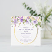 Lila Blütengoldakzent mit neutraler Babydusche Einladung (Stehend Vorderseite)