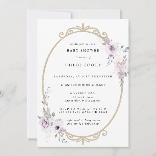 Lila Blütengoldrahmen-Babydusche Einladung (Vorderseite)