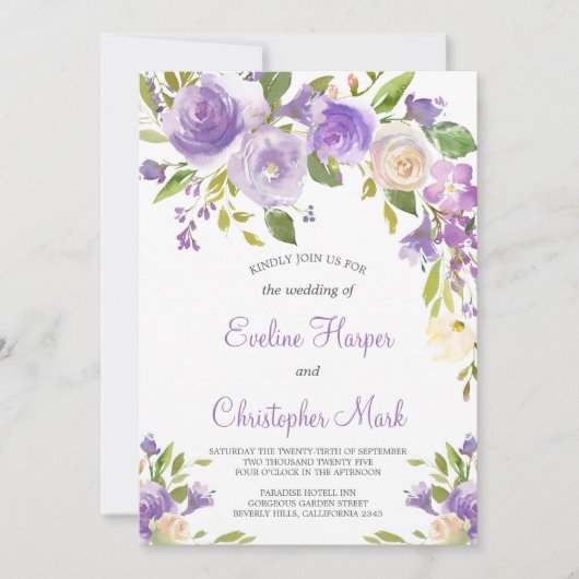 Lila Blütenhochzeit Boho Greenery Calligraphy Einladung (Vorderseite)