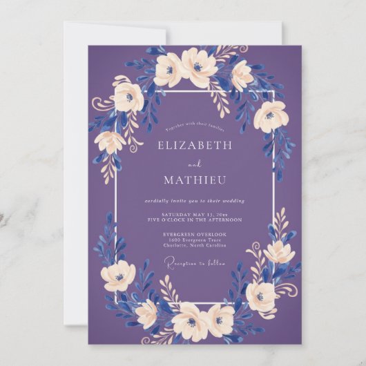 Lila Blütenhochzeit Einladung (Vorderseite)