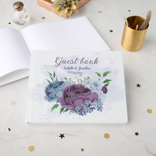 Lila Blütenhochzeit Gästebuch (Vorderseite Offen)