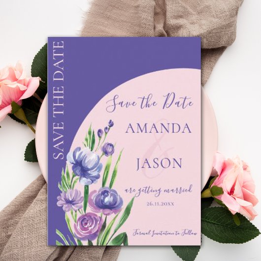 Lila Blütenrot Elegante Hochzeit Save the Date Ankündigung