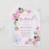 Lila Blütenschmetterling Geburtstag Einladung (Vorne/Hinten)