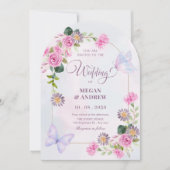 Lila Blütenschmetterlingshochzeit Einladung (Vorderseite)