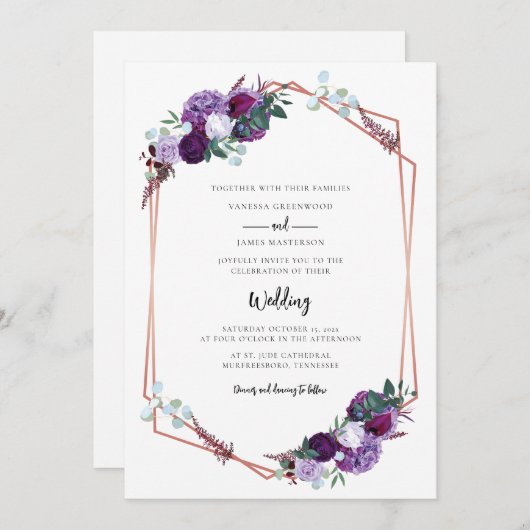 Lila Blütenschrift Moderne Hochzeit Einladung (Vorne/Hinten)