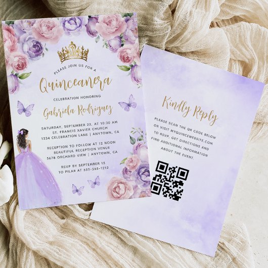 Lila Blütenschwarm Gold QR Code Quinceañera Einladung