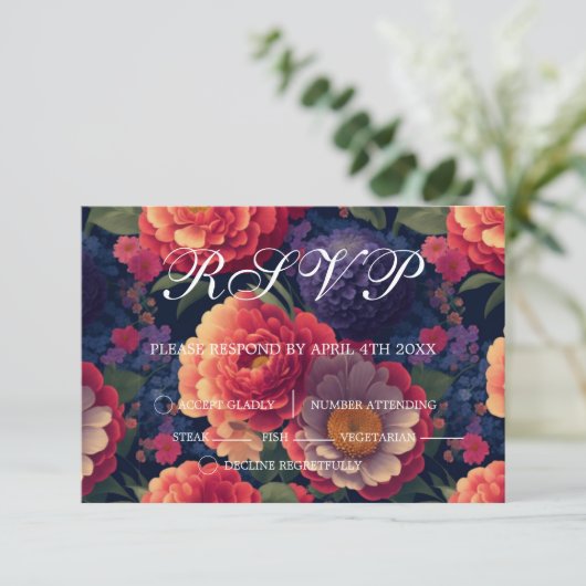 Lila Blütenwelt in Rot-Orange RSVP Karte (Stehend Vorderseite)