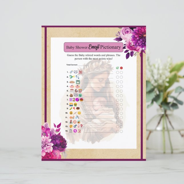 Lila Boho Baby Dusche Emoji Pictionary (Stehend Vorderseite)