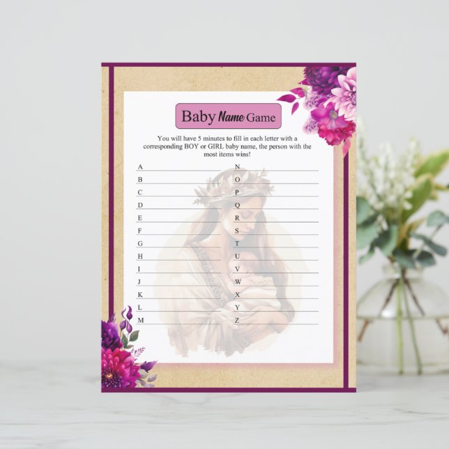 Lila Boho Baby Name Game (Stehend Vorderseite)