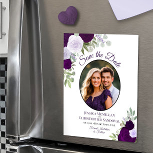 Lila Boho Blumen & Foto Hochzeit Save the Date Magneteinladung