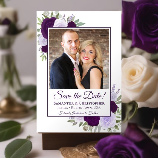 Lila Boho Chic Rose & Foto Hochzeit Save The Date