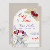 Lila Boho Elephant and Butterfly Baby Dusche Einladung (Vorne/Hinten)