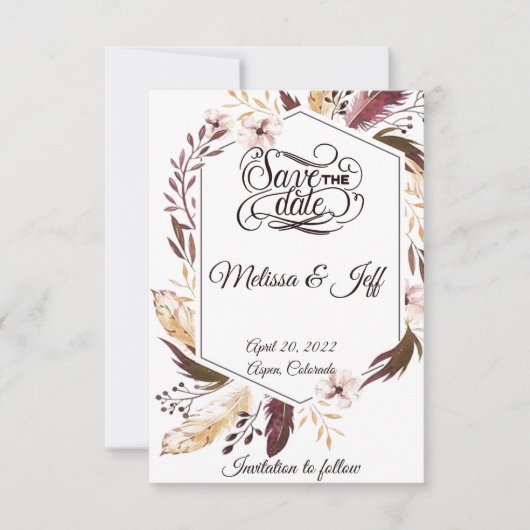 Lila Boho-Federn speichern das Datum Save The Date (Vorderseite)