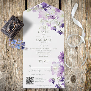 Lila Boho Floral White QR Code All In One Einladung