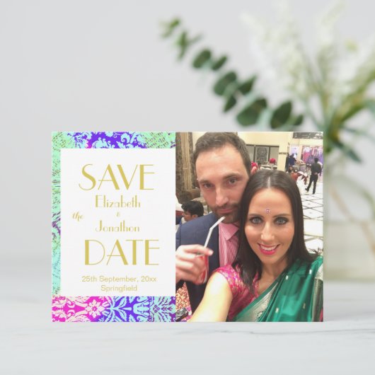 Lila Boho Foto Hochzeit Sichern Sie das Datum Save The Date (Stehend Vorderseite)