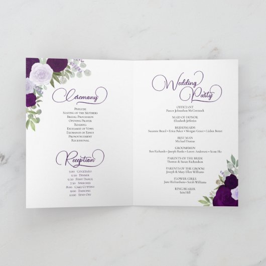 Lila Boho Rose & Foto Elegante Hochzeit Programm (Innenseite)