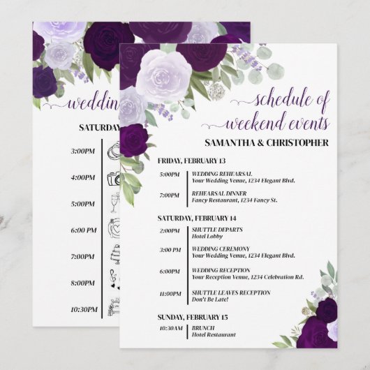 Lila Boho Rosen Hochzeitsfeierlichkeiten & Zeitpla Programm (Vorne/Hinten)