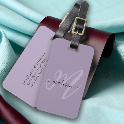 Lila Boho Script Monogram und Name Gepäckanhänger