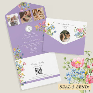 Lila Boho Wildblumen-Hochzeit All In One Einladung