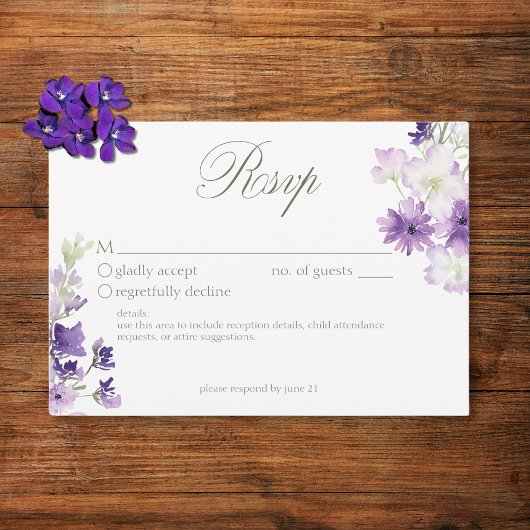 Lila Boho Wildblumen White Wedding RSVP Karte