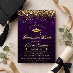 Lila Bokeh & Gold Glitter Abiturparty Einladung