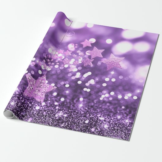 Lila Bokeh Imitate Glitzer & Stars Geschenkpapier (Ungerollt)