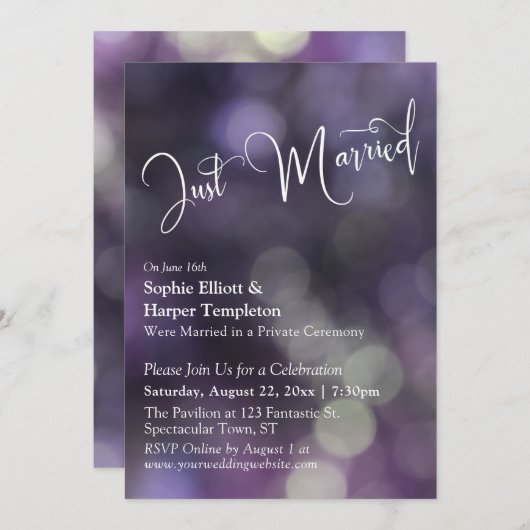 Lila Bokeh Light & "Just Married" Typografie Einladung (Vorne/Hinten)