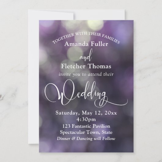 Lila Bokeh Light & Typografie 32 Wedding 3 Einladung (Vorderseite)