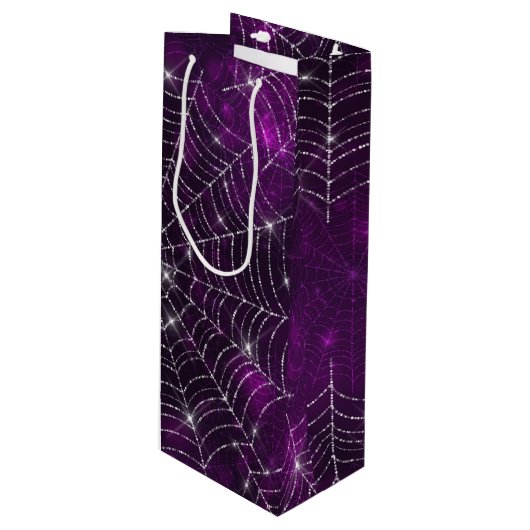 LILA BOKEH MIT SILVER SPIDER WEBS GESCHENKTÜTE FÜR WEINFLASCHEN (Vorderseite Schrägansicht)
