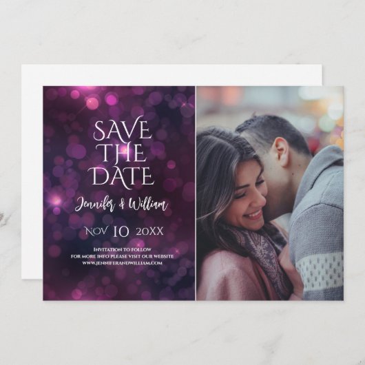 Lila Bokeh Sparkle Design Hochzeit speichern das D Save The Date (Vorne/Hinten)