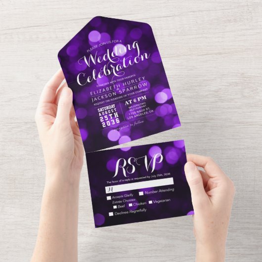 Lila Bokeh Sparkle Glitzer Lights Wedding RSVP All In One Einladung (Abreißen)