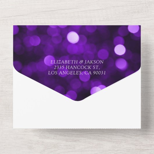 Lila Bokeh Sparkle Glitzer Lights Wedding RSVP All In One Einladung (Rückseite)