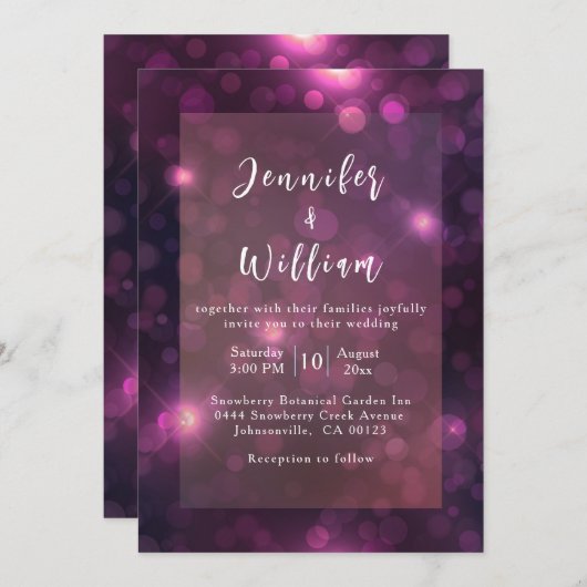 Lila Bokeh Sparkle Silver String Lights Hochzeit Einladung (Vorne/Hinten)