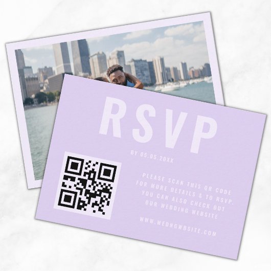 Lila Bold Typografy QR Code Foto Wedding RSVP Begleitkarte