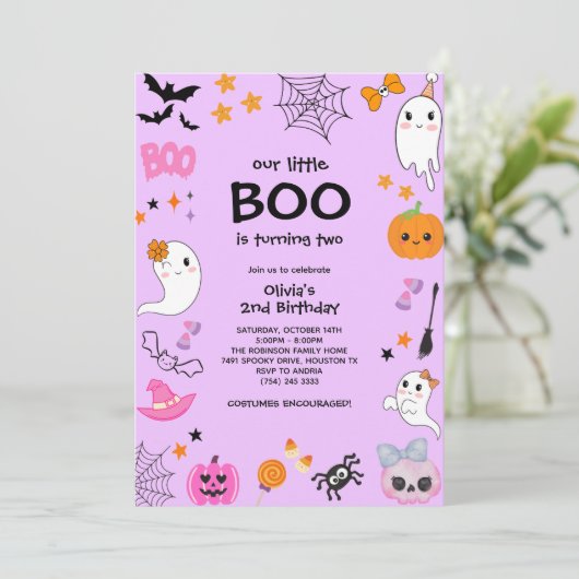 Lila Boo Halloween 2. Geburtstag Einladung (Stehend Vorderseite)