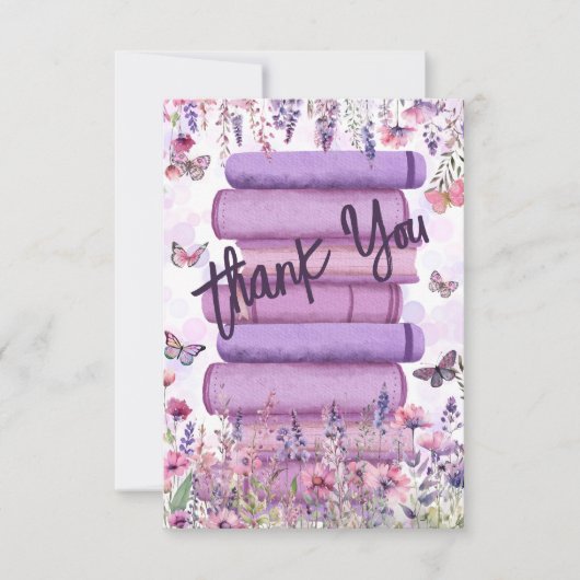 Lila Book Stack Wildblumen Butterfets Script Dankeskarte (Vorderseite)