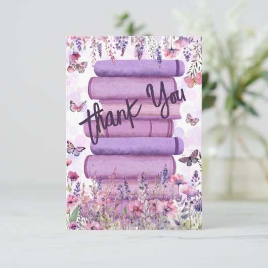 Lila Book Stack Wildblumen Butterfets Script Dankeskarte (Stehend Vorderseite)