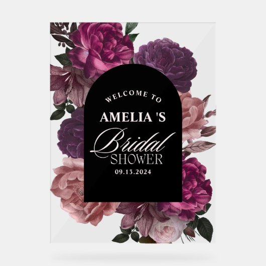 Lila bordeauxfarbenes Brautparty Empfang Acrylschild (Vorderseite)