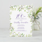 Lila botanische 100. Geburtstagsparty Einladung (Stehend Vorderseite)