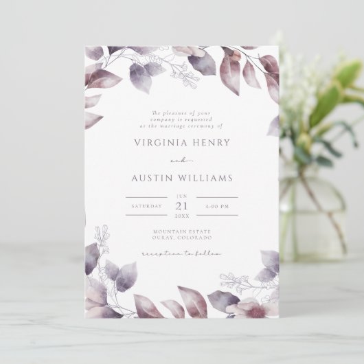 Lila botanische Hochzeit Einladung (Stehend Vorderseite)