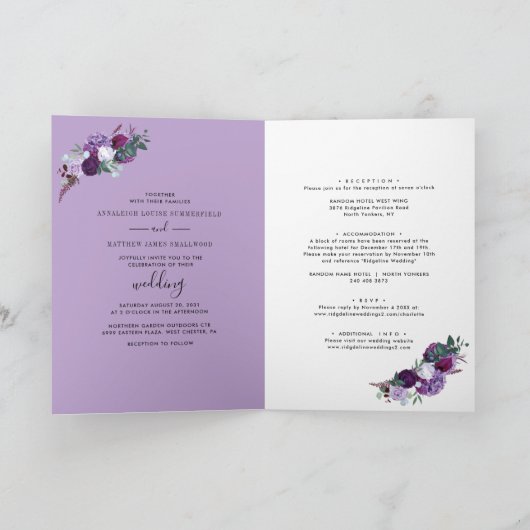 Lila Botanische Hochzeit mit floraler Eindecke Einladung (Innenseite)