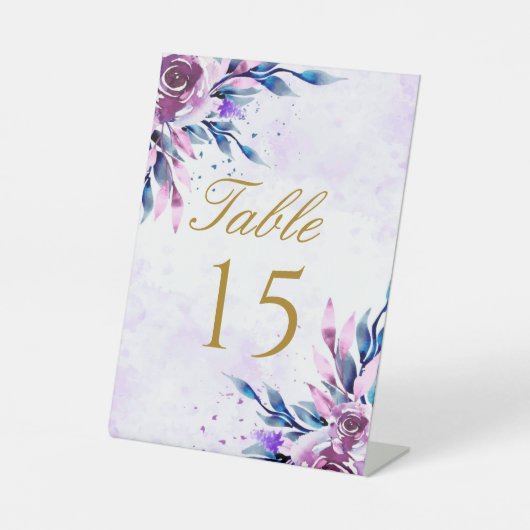 Lila Botanische Peony Gold Hochzeit Tischnummer Sockelschild (Vorderseite)