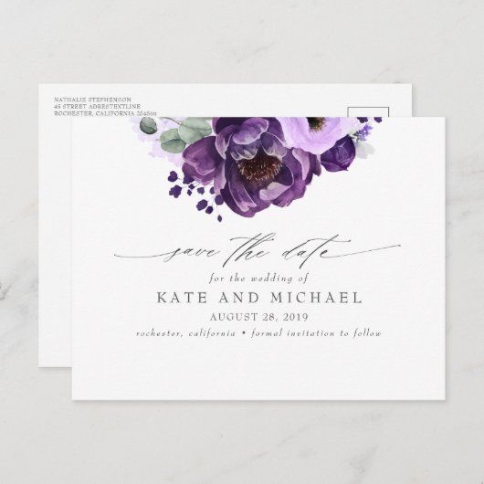 Lila Botanischer Boho Save the Date Postkarte (Vorne/Hinten)