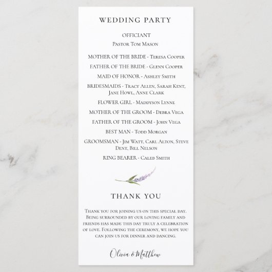 Lila Botanisches Hochzeitsprogramm für Wasserfarbe Programm (Rückseite)