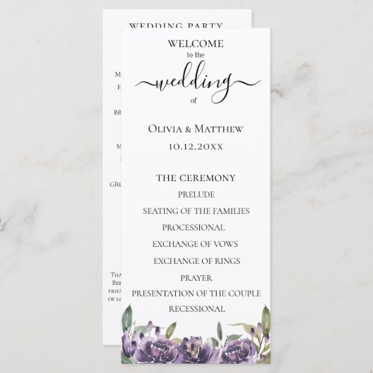 Lila Botanisches Hochzeitsprogramm für Wasserfarbe Programm (Vorne/Hinten)